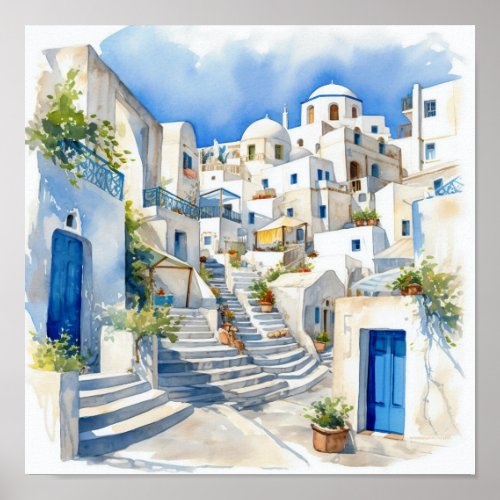 Santorini Greece Watercolor Painting Square Poster