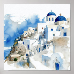 Santorini Greece Watercolor Painting Square Poster