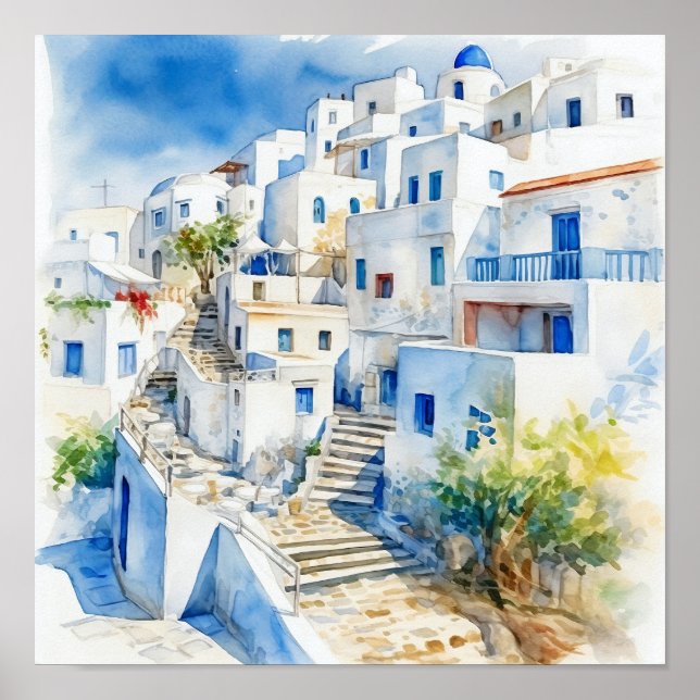 Santorini Greece Watercolor Painting Square Poster (Front)