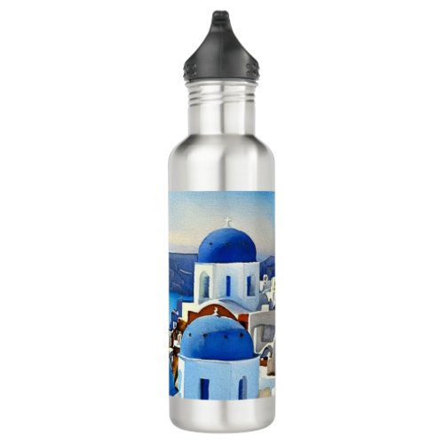 Santorini Greece Watercolor Painting Stainless Steel Water Bottle