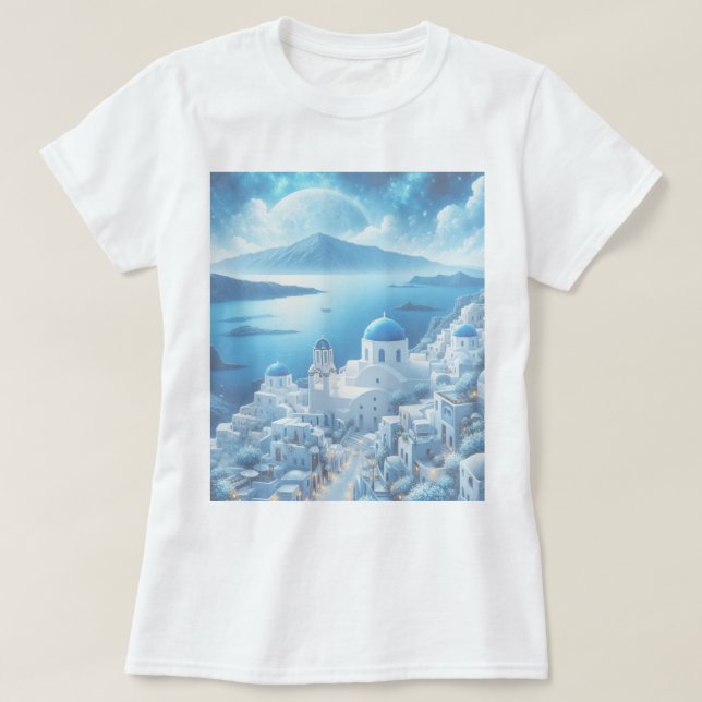 Santorini Greece Watercolor Painting T-Shirt (Design Front)