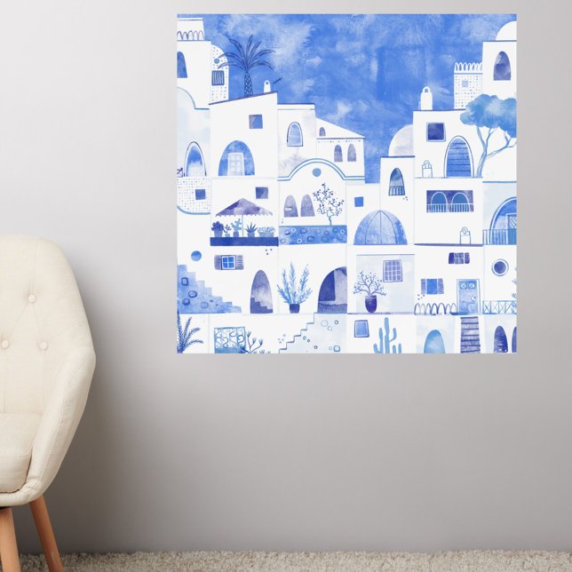 Santorini Greece Watercolor Painting Wall Decal (Santorini Oia Greece blue and white watercolor painting art wall decal)