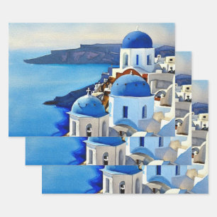 Santorini Greece Watercolor Painting Wrapping Paper Sheets