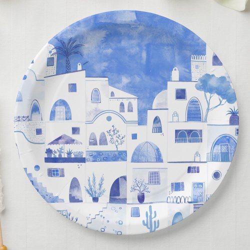 Santorini Greece Watercolor Paper Plates