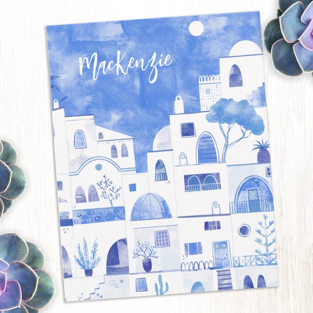 Santorini Greece Watercolor Personalized Note Card (Santorini Greece Greek island blue and white watercolor art personalized custom name note cards)