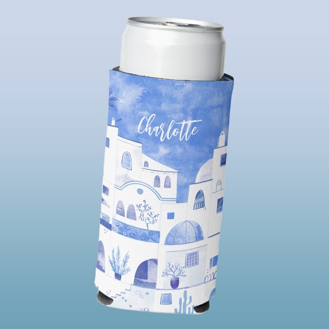 Santorini Greece Watercolor Personalized Seltzer Can Cooler (Santorini Oia Greece personalized name watercolor art blue and white selzer can cooler)