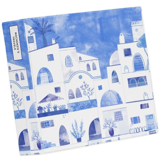 Santorini Greece Watercolor Personalized Travel 3 Ring Binder (Santorini watercolor painting personalized binder)