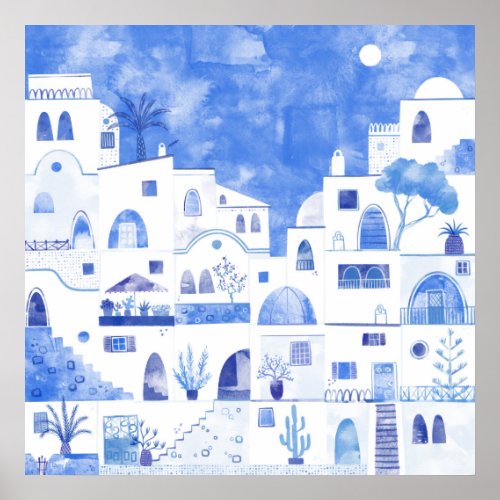 Santorini Greece Watercolor Poster