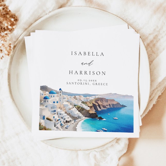 SANTORINI GREECE Watercolor Skyline Destination Napkins (Creator Uploaded)