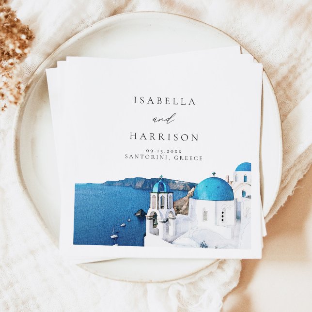 SANTORINI GREECE Watercolor Skyline Destination Napkins (Creator Uploaded)