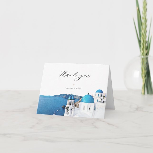 SANTORINI GREECE Watercolor Skyline Destination Thank You Card (Front)