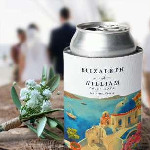 Santorini Greece Watercolor Skyline Wedding Can Cooler