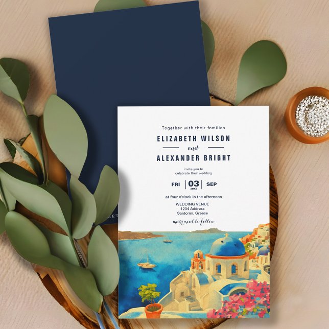 Santorini Greece Watercolor Skyline Wedding Invitation (Creator Uploaded)