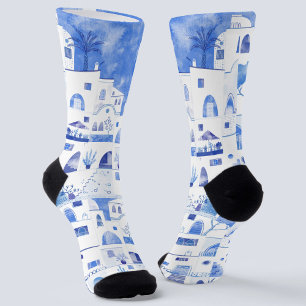 Santorini Greece Watercolor Socks