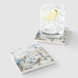 Santorini Greece Watercolor Stone Coaster