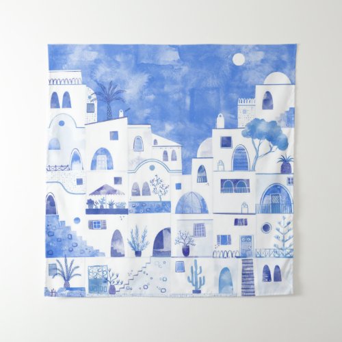 Santorini Greece Watercolor Tapestry
