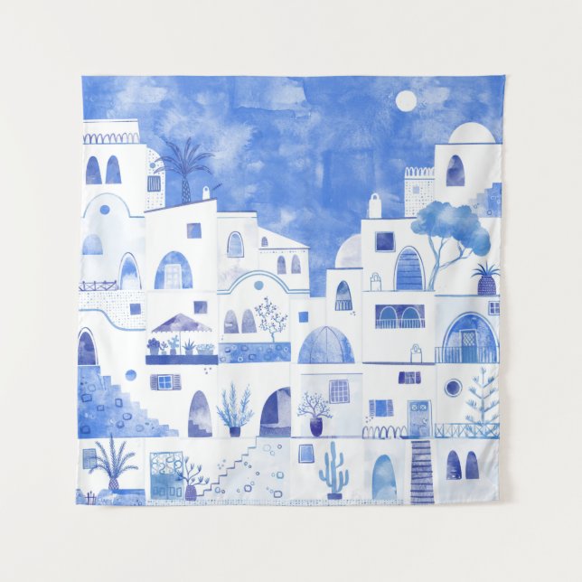 Santorini Greece Watercolor Tapestry (Front)