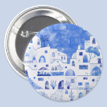 Santorini Greece Watercolor Townscape Button<br><div class="desc">A watercolor townscape painting of the beautiful Greek island of Santorini in blue and white.</div>