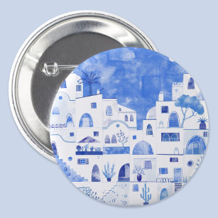 Santorini Greece Watercolor Townscape Button
