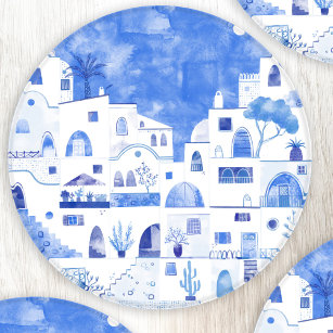 Santorini Greece Watercolor Townscape Coaster Set