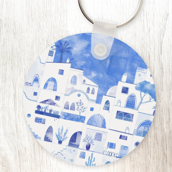 Santorini Greece Watercolor Townscape Keychain by Squirrell at Zazzle