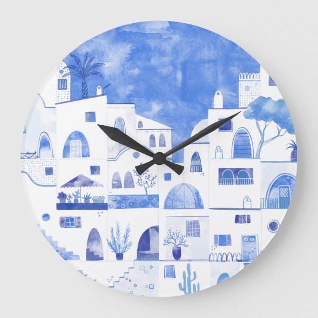 Santorini Greece Watercolor Townscape Large Clock (Front)