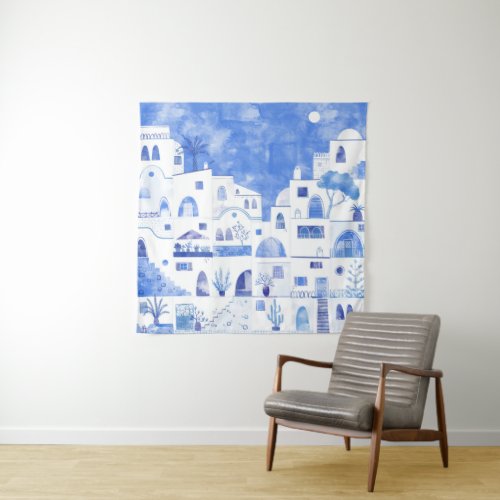 Santorini Greece Watercolor Townscape Tapestry