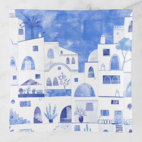 Santorini Greece Watercolor Townscape Trinket Tray