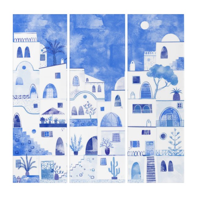Santorini Greece Watercolor Townscape Triptych (Front)