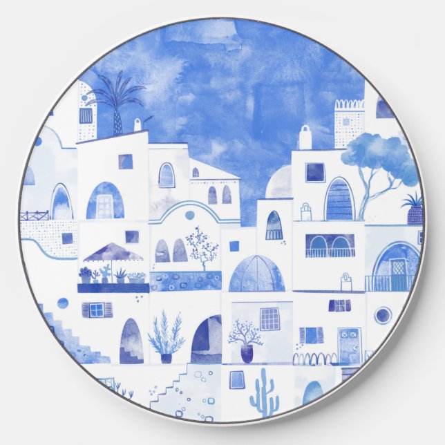 Santorini Greece Watercolor Townscape Wireless Charger (Front)
