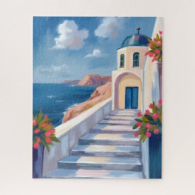 Santorini Greece Watercolor Travel Jigsaw Puzzle (Vertical)