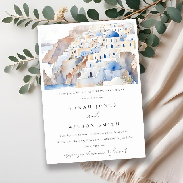 Santorini Greece Watercolor Wedding Anniversary Invitation (Creator Uploaded)