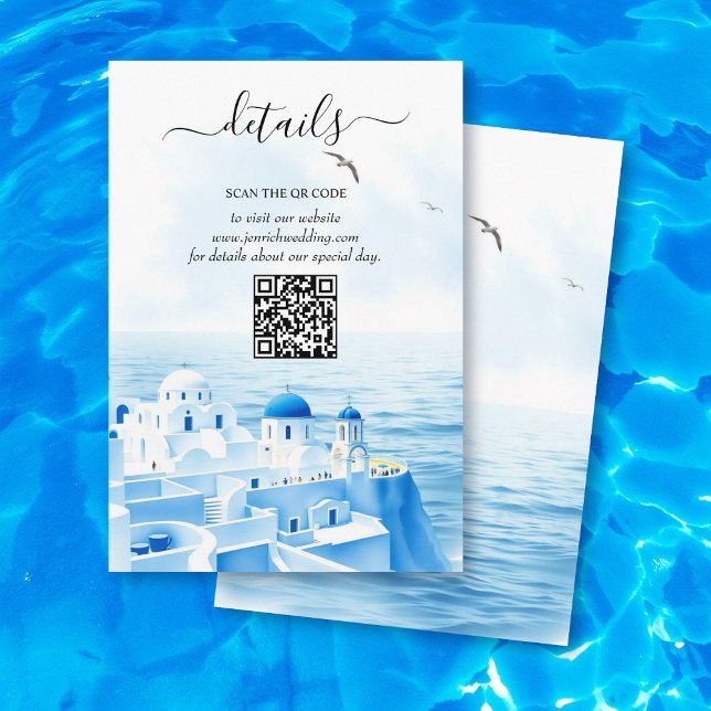 Santorini Greece watercolor wedding details QR Enclosure Card (Creator Uploaded)