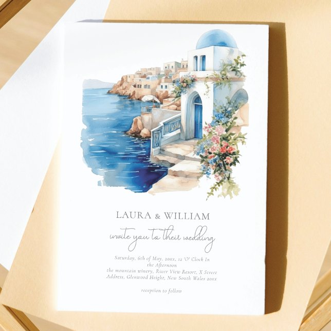 Santorini Greece Watercolor Wedding Invitation (Creator Uploaded)