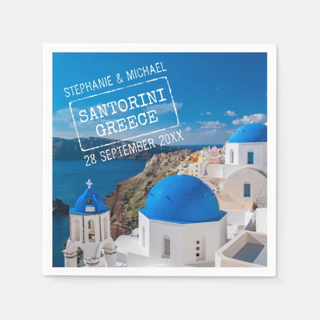 Santorini Greece Wedding Passport Stamp Napkins (Front)