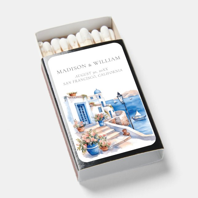 Santorini Greece Wedding Personalized Minimal Matchboxes (Front Open)