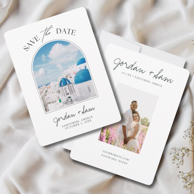 Santorini Greece Wedding Save the Date Invitation (Santorini Greece Wedding Save the date with photo of Santorini rooftops on one side)