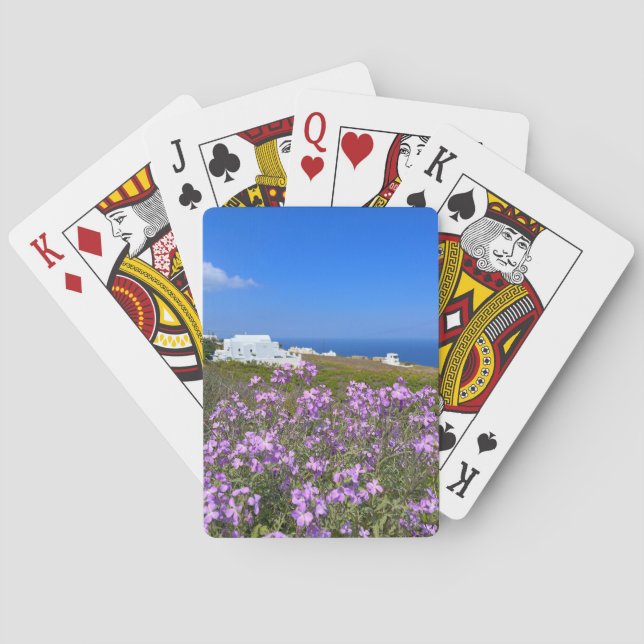 Santorini Greece White Building Purple Wild Flower Poker Cards (Back)