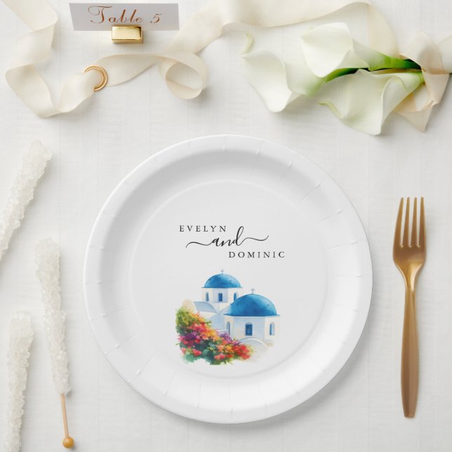 Santorini Greek Island Destination Wedding Paper Plates (Wedding)