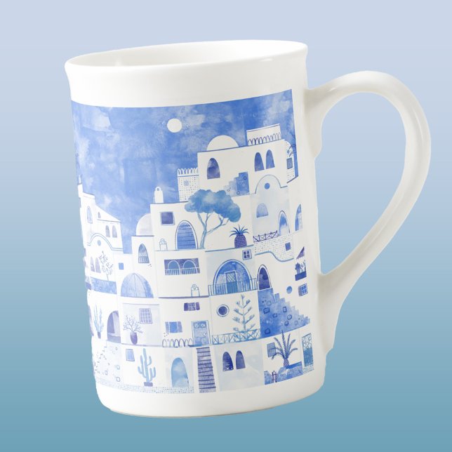 Santorini Greek Island Painting Bone China Mug (Santorini blue and white watercolor painting bone china mug)