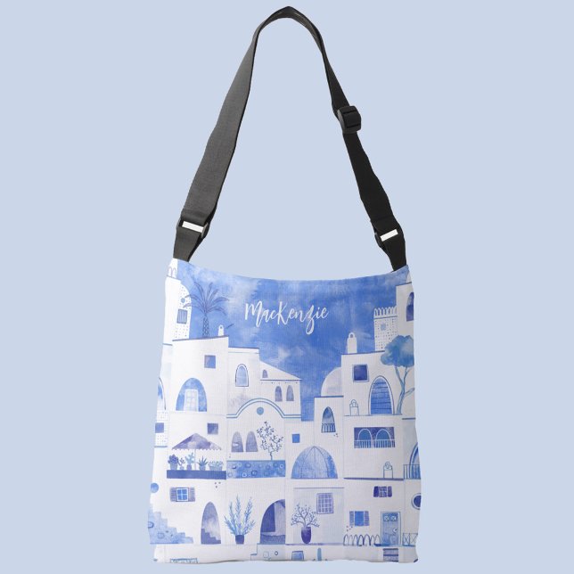 Santorini Greek Island Personalized Watercolor Crossbody Bag (Santorini Greece blue and white personalized watercolor cross body tote bag)