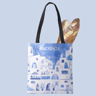 Santorini Greek Island Personalized Watercolor Tote Bag