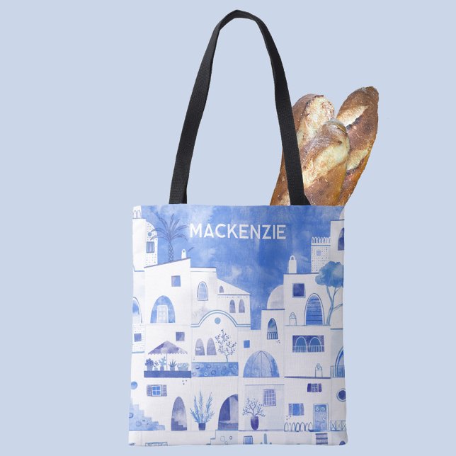 Santorini Greek Island Personalized Watercolor Tote Bag (Oia Santorini Greece blue and white watercolor art personalized name tote bag)