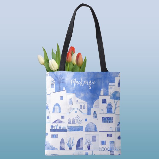 Santorini Greek Island Personalized Watercolor Tote Bag (Santorini personalized blue and white watercolor art tote bag)