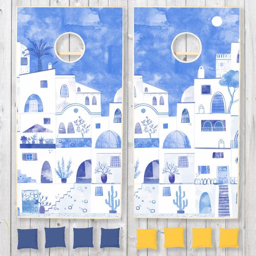 Santorini Greek Island Watercolor Cornhole Set