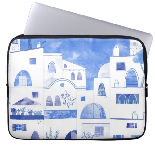 Santorini Greek Island Watercolor Laptop Sleeve