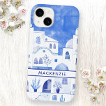 Santorini Greek Island Watercolor Personalized Case-Mate iPhone 14 Case<br><div class="desc">Watercolor blue and white townscape painting based on Oia on the Greek island of Santorini.  Change the name to customize.  Original art by Nic Squirrell.</div>