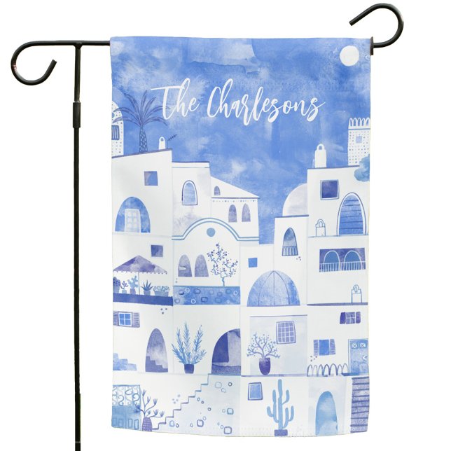 Santorini Greek Island Watercolor Personalized Garden Flag (Santorini Oia Greece blue adn white watercolor personalized name text garden flag)