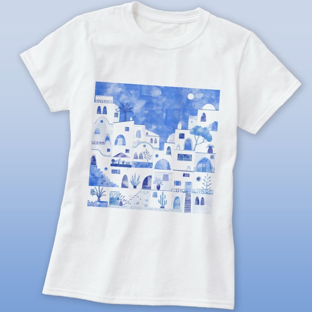 Santorini Greek Island Watercolor T-Shirt (Oia Santorini blue and white watercolor painting T-shirt)