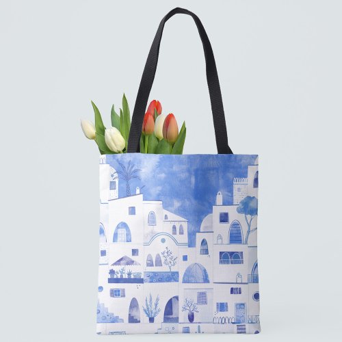 Santorini Greek Island Watercolor Tote Bag